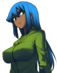 1girl blue_hair breasts bust dark_skin dyurina_(space_jin) green_eyes hoodie large_breasts long_hair original solo space_jin 