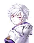  1boy add_(elsword) dan_(astsr1) elsword facial_mark hoodie looking_back male solo tattoo violet_eyes white_background white_hair 