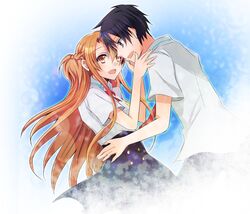  1boy 1girl asuna_(sao) black_eyes black_hair brown_eyes brown_hair couple eye_contact kirito long_hair looking_at_another school_uniform short_hair sword_art_online toujirou yuuki_asuna 