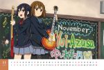  2girls back-to-back black_hair brown_eyes brown_hair calendar guitar hirasawa_yui instrument k-on! long_hair multiple_girls nakano_azusa pantyhose school_uniform short_hair twintails watanore 