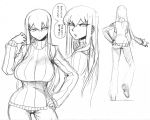  breasts contrapposto hand_on_hip jeans large_breasts long_hair long_legs monochrome original ribbed_sweater sketch slit_pupils solo space_jin sweater translation_request tsurime turtleneck 