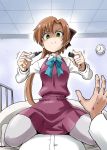 1girl akigumo_(kantai_collection) bed bow brown_hair clock commentary girl_on_top hair_bow kantai_collection kousei_(public_planet) long_hair marker personification ponytail shaded_face skirt smile solo_focus 