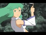  1girl anime_coloring arm_up detached_sleeves gohei gradient gradient_background green_eyes green_hair hair_tubes kochiya_sanae letterboxed looking_at_viewer parody shirosato smirk solo studio_ghibli_(style) style_parody touhou wind 