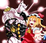 1girl ascot blonde_hair crossover flandre_scarlet hat highres jojo_no_kimyou_na_bouken killer_queen looking_at_viewer open_mouth outstretched_arm pink_eyes rakku_(10219563) red_eyes short_hair side_ponytail skirt skirt_set smile stand_(jojo) touhou wings 