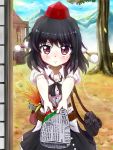  1girl bag belt black_hair blouse blush camera clouds coin_purse firewood frown hakurei_reimu hat leaf_fan looking_at_viewer money mountain newspaper offering pom_pom_(clothes) puffy_short_sleeves puffy_sleeves red_eyes ribbon shameimaru_aya short_hair short_sleeves sky tokin_hat tonakai_(bunsuka) touhou tree well 