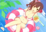  1girl :d barefoot bikini blush bow breasts brown_eyes brown_hair cleavage clouds drink flower glass hair_bow hair_flower hair_ornament idolmaster idolmaster_cinderella_girls igarashi_kyouko innertube long_hair looking_at_viewer navel open_mouth outstretched_arm side_ponytail sitting sky smile solo straw swimsuit tachibana_(pixiv) wading 