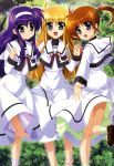  3girls :d absurdres arisa_bannings blonde_hair blue_eyes brown_hair dress friends green_eyes hairband higa_yukari highres holding_hands long_hair long_sleeves lyrical_nanoha mahou_shoujo_lyrical_nanoha multiple_girls nyantype official_art open_mouth purple_hair ribbon scan school_uniform short_twintails smile socks takamachi_nanoha tsukimura_suzuka twintails violet_eyes 