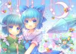  /\/\/\ 3girls blue_eyes blue_hair bow cirno crescent daiyousei flower green_hair hair_bow head_fins heart japanese_clothes monster_girl multiple_girls obi open_mouth pjrmhm_coa short_hair side_ponytail smile star sweatdrop touhou wakasagihime wings 