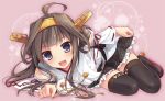  1girl ahoge bankoku_ayuya bare_shoulders black_legwear blush breasts brown_hair detached_sleeves double_bun hair_ornament hairband headgear japanese_clothes kantai_collection kongou_(kantai_collection) long_hair lying nontraditional_miko on_stomach open_mouth personification skirt smile solo thighhighs violet_eyes 