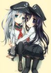  2girls akatsuki_(kantai_collection) black_hair black_legwear blue_eyes hat hibiki_(kantai_collection) highres kantai_collection loafers long_hair looking_at_viewer multiple_girls neckerchief open_mouth ot-nm school_uniform serafuku shoes silver_hair sitting skirt thighhighs 