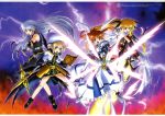 4girls :o absurdres artist_request bardiche black_legwear blonde_hair blue_eyes book boots brown_hair cape celtic_cross dress energy_sword energy_wings fate_testarossa fingerless_gloves fire gloves hair_ribbon hat highres huge_weapon jacket long_hair lyrical_nanoha mahou_shoujo_lyrical_nanoha mahou_shoujo_lyrical_nanoha_a&#039;s mahou_shoujo_lyrical_nanoha_the_movie_2nd_a&#039;s multiple_girls official_art raising_heart red_eyes reinforce ribbon schwertkreuz short_hair short_twintails silver_hair skirt staff star starry_background sword takamachi_nanoha thigh-highs tome_of_the_night_sky twintails violet_eyes weapon winged_shoes yagami_hayate 