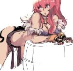  1girl ass barrel bent_over black_panties breasts cleavage dark_skin fingerless_gloves gebyy-terar gloves jewelry large_breasts lips long_hair neck_ring panties ponytail queen&#039;s_blade queen&#039;s_blade_rebellion redhead risty rough solo tattoo underwear violet_eyes 