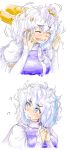  1girl ? blue_eyes blush bridal_gauntlets confused dudufedu hands_in_hair highres letty_whiterock messy_hair no_hat open_mouth solo tears touhou white_hair 