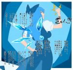  1girl alternate_breast_size alternate_hair_length alternate_hairstyle backboob blue_eyes blue_hair bow breasts cirno clenched_hand dress from_behind hair_bow hand_on_hip highres large_breasts long_hair older open_mouth silhouette solo space_jin touhou translation_request wings 