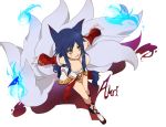  ahri animal_ears black_hair blue_fire breasts character_name cleavage facial_mark fire fox_ears fox_tail kakip league_of_legends long_hair multiple_girls shadow simple_background tail white_background yellow_eyes 