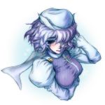  1girl blue_hair blush breast_lift bust cape dudufedu hair_over_one_eye hand_in_hair hat letty_whiterock puffy_sleeves snowflakes solo touhou 