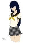  1girl alternate_costume alternate_hair_length alternate_hairstyle arms_behind_back black_hair blue_eyes breasts cropped_legs dh_(brink_of_memories) highres houndstooth long_hair persona persona_4 school_uniform serafuku shirogane_naoto skirt 