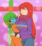  2girls androgynous black_sclera blue_skin bodysuit breasts green_hair grey_eyes heart heart_background height_difference hug jeans large_breasts multiple_girls original payot red_eyes ribbed_sweater space_jin sweatdrop sweater tsurime turtleneck yellow_eyes 