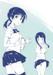  2girls arms_behind_back bag cellphone keychain looking_at_viewer monochrome multiple_girls open_mouth original panties pantyshot phone school_bag short_hair smile sweater_vest tachibana_(pixiv) thighhighs twintails underwear upskirt wind wind_lift 