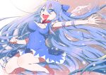  1girl bare_legs barefoot blue_eyes blue_hair blush bow breasts cirno cleavage dress hair_bow long_hair open_mouth outstretched_arm smile solo teenage touhou yamada_ranga 