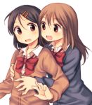  2girls black_hair bowtie brown_hair cardigan hachiko_(hati12) hair_ornament hairclip hand_on_another&#039;s_chest hand_on_another&#039;s_stomach happy hug hug_from_behind long_hair multiple_girls open_mouth original red_eyes red_ribbon ribbon school_uniform short_hair simple_background wavy_mouth white_background yuri 