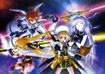  4girls :o absurdres artist_request bardiche black_legwear blonde_hair blue_eyes book boots brown_hair cape celtic_cross closed_eyes dress energy_sword energy_wings fate_testarossa fingerless_gloves gloves hair_ribbon hat highres huge_weapon jacket long_hair lyrical_nanoha mahou_shoujo_lyrical_nanoha mahou_shoujo_lyrical_nanoha_a&#039;s mahou_shoujo_lyrical_nanoha_the_movie_2nd_a&#039;s multiple_girls official_art raising_heart red_eyes reinforce ribbon schwertkreuz short_hair short_twintails silver_hair skirt staff star starry_background sword takamachi_nanoha thigh-highs tome_of_the_night_sky twintails violet_eyes weapon winged_shoes yagami_hayate 