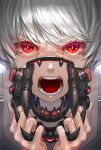  face glowing glowing_eyes kfr mask open_mouth original red_eyes science_fiction silver_hair solo teeth tongue 