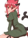  1girl :3 animal_ears blush bow braid cat_ears cat_tail dress extra_ears from_behind green_dress hair_bow honda_takaharu juliet_sleeves kaenbyou_rin long_sleeves looking_at_viewer looking_over_shoulder multiple_tails paw_pose pointy_ears puffy_sleeves red_eyes redhead short_hair simple_background sitting solo tail touhou twin_braids wariza white_background 