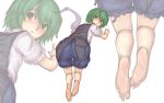  1girl all_fours alternate_costume antennae ass barefoot blush cape green_eyes green_hair highres kuro_suto_sukii looking_at_viewer looking_back shirt short_sleeves shorts simple_background solo touhou turning white_background wriggle_nightbug zoom_layer 