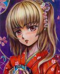  1girl alternate_costume ball blonde_hair bust cherry_blossoms fang fingernails flandre_scarlet floral_print flower hair_flower hair_ornament head_tilt japanese_clothes kimono lips looking_at_viewer nail_polish oil_painting_(medium) open_mouth purple_background red_eyes short_hair side_ponytail simple_background solo tafuto touhou traditional_media 