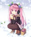  1girl ahoge bag blazer breath earmuffs flower food food_as_clothes food_themed_clothes leaf loafers long_hair nibiiro_shizuka open_mouth original pantyhose pink_eyes pink_hair scarf school_uniform shoes skirt snow snow_bunny snowing solo squatting sweater sweet_potato twintails winter 