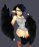  1girl black_hair boggle bottomless breasts cigarette ear_studs earrings eyebrows feathered_wings grey_background highres jewelry original pointy_ears raven_(boggle) short_hair smoking talons tank_top thick_eyebrows violet_eyes wings 