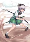  1girl green_eyes hairband katana konpaku_youmu konpaku_youmu_(ghost) minamike1991 pigeon-toed puffy_sleeves ribbon short_hair silver_hair skirt solo sword touhou wakizashi weapon 