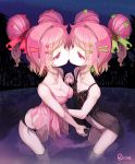  2girls artist_name black_panties breasts cleavage couple double_bun eye_contact hair_ornament hair_ribbon hairclip heart holding_hands kiss looking_at_another multiple_girls navel original panties pink_eyes pink_hair pink_panties ribbon riccae short_hair underwear yuri 