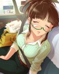  1girl akizuki_ritsuko artist_request breasts brown_hair closed_eyes glasses idolmaster idolmaster_cinderella_girls official_art sitting sleeping sleeves_pushed_up solo 