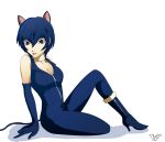  1girl alternate_costume animal_ears blue_eyes blue_hair boots breasts cat_ears cat_tail catsuit cleavage dh_(brink_of_memories) elbow_gloves full-length_zipper gloves high_heel_boots high_heels kemonomimi_mode persona persona_4 scarf shirogane_naoto short_hair sitting tail zipper 