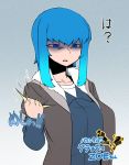  1girl blue_eyes blue_hair breasts clenched_hand crushing jacket original shaded_face short_hair sleeves_rolled_up solo space_jin translation_request zoe_(space_jin) 