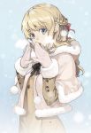  blonde_hair blue_eyes braid breath coat fur_trim gloves hair_ribbon half_updo highres hooded_jacket long_hair mura_(kanojo_no_oukoku) original ribbon snowing winter_clothes 