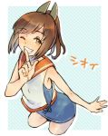  1girl blush brown_eyes brown_hair finger_to_mouth grin highres i-401_(kantai_collection) kantai_collection kikuyoshi_(tracco) looking_at_viewer one-piece_swimsuit personification ponytail sailor_collar school_swimsuit short_hair short_ponytail smile solo swimsuit wink 
