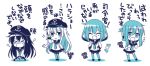  &gt;_&lt; 4girls akatsuki_(kantai_collection) crying fang folded_ponytail hair_ornament hairclip hands_on_hips hat hibiki_(kantai_collection) ikazuchi_(kantai_collection) inazuma_(kantai_collection) kadoseara kantai_collection long_hair monochrome multiple_girls open_mouth salute school_uniform serafuku short_hair skirt smile sparkle tears translation_request 