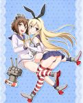  anchor black_panties blonde_hair blush brown_hair elbow_gloves gloves hair_ornament hairband kantai_collection long_hair looking_at_viewer open_mouth panties rensouhou-chan school_uniform serafuku shimakaze_(kantai_collection) short_hair skirt smile striped striped_legwear thighhighs tomokichi underwear white_gloves white_panties yukikaze_(kantai_collection) 