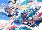  &gt;_&lt; 1girl blonde_hair blue_eyes elbow_gloves gloves hairband kantai_collection lia-sama long_hair navel ocean personification rensouhou-chan shimakaze_(kantai_collection) skirt striped striped_legwear thighhighs torpedo white_gloves 