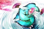  1girl cherry_blossoms dancing fan from_above hat japanese_clothes kimono nagare pink_eyes pink_hair saigyouji_yuyuko solo standing_on_water touhou 