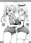  2girls asanagi blush book breast_press breasts clothed_navel fang glasses hat i-19_(kantai_collection) i-8_(kantai_collection) kantai_collection large_breasts long_hair looking_at_viewer monochrome multiple_girls one-piece_swimsuit open_mouth school_swimsuit smile star star-shaped_pupils swimsuit symbol-shaped_pupils thighhighs twintails 