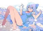  1girl absurdly_long_hair adult ass bare_legs barefoot blue_dress blue_eyes blue_hair bow breasts cirno commentary_request dress hair_bow hands_in_hair large_breasts long_hair looking_at_viewer lying on_back open_mouth puffy_sleeves shirt short_sleeves solo touhou undersized_clothes very_long_hair yamada_ranga 