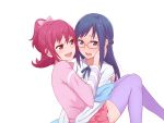  2girls aida_mana blue_eyes blue_hair blush dokidoki!_precure embarrassed glasses hand_on_another&#039;s_cheek hand_on_another&#039;s_face highres hishikawa_rikka long_hair multiple_girls naughty_face open_mouth pink_eyes pink_hair precure school_uniform short_hair skirt smile thighhighs unpale yuri 