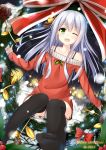  1girl 2013 :d bare_shoulders blush christmas christmas_ornaments christmas_tree collarbone english frilled_panties frills green_eyes happy highres holding holly knees_together knees_together_feet_apart long_hair merry_christmas open_mouth original panties pantyshot pantyshot_(sitting) ribbon shiny shiny_skin silver_hair sitting smile solo sparkle sweater_dress thighhighs tsuchikure_(3105mitoko) underwear white_panties 