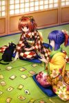  2girls black_cat card cat harukawa_moe hieda_no_akyuu highres iroha_karuta japanese_clothes kimono motoori_kosuzu multiple_girls official_art ponytail scan seiza sitting touhou 