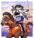  1girl archery arrow black_legwear blush bow_(weapon) bowieknife breasts brown_eyes brown_hair clouds horse horseback_riding japanese_clothes kaga_(kantai_collection) kantai_collection kyuudou muneate personification quiver riding short_hair side_ponytail single_glove skirt sky thighhighs weapon yugake 