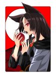  1girl akeboshi_kagayo animal_ears apple brooch brown_hair bust food fruit imaizumi_kagerou jewelry long_sleeves looking_at_viewer open_mouth red_eyes shirt solo touhou wide_sleeves wolf_ears 